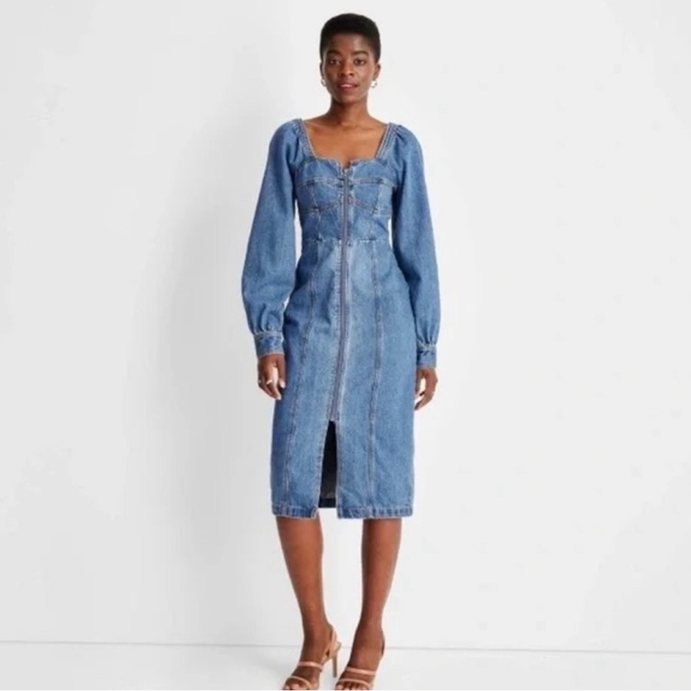 Women's Puff Long Sleeve Zip-Front Denim A-Line Dress - Future Collective Size 4
